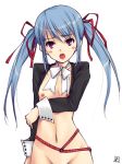  1girl amatsuka_tsurara baby_princess belt blue_hair blush bottomless bow breasts flat_chest groin hair_ribbon hair_ribbons long_hair mound_of_venus open_mouth pink_eyes plaid purple_eyes ribbon ribbons solo tartan tsurara tsurara_(baby_princess) twintails waku 