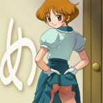 1girl agatha_christie_no_meitantei_poirot_to_marple ass brown_eyes brown_hair from_behind gloves great_detectives_poirot_and_marple haruyama haruyama_kazunori looking_back lowres mable_west maybelle_west mooning no_panties poirot_and_marple pussy_peek short_hair skirt skirt_lift smile solo upskirt