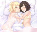 2_girls 2girls bad_anatomy bangs bare_shoulders bed_sheet blunt_bangs blush braid breasts brown_hair closed_eyes closed_mouth erect_nipples from_above hand_holding highres interlocked_fingers lillie lillie_(pokemon) long_hair lying moon_(pokemon) moon_(trainer) multiple_girls nightgown nose_blush on_side open_mouth pillow pokemon pokemon_(game) pokemon_sm ponytail see-through shirt shoulder_cutout sleeping sleeveless small_breasts smile tied_shirt yuno_(mioalice) yuri