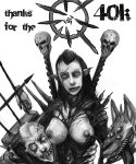  1girl big_breasts breasts chaos_(warhammer) dark_eldar female_focus horror monochrome nipples text topless_female traitor_guard warhammer_(franchise) warhammer_40k white_background wtf 