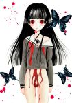 ai_enma bad_id bangs black_hair blood blunt_bangs bottomless butterflies butterfly cherries cherry_(fruit) enma_ai food fruit hairless_pussy hell_girl hime_cut jigoku_shoujo long_hair mouth_hold pussy red_eyes school_uniform serafuku solo takeshita_kenjirou