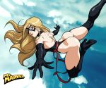 1girl ass blonde_hair carol_danvers flying long_hair marvel marvel_comics ms._marvel nice_ass non-nude revealing_clothes superheroine thong_leotard