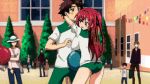 1girl 2_girls anime ass ball big_ass blue_hair breast_press breasts breasts_press character_request ecchi gif hug hugging redhead school shinmai_maou_no_testament sports_uniform sportswear the_testament_of_sister_new_devil