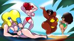  4girls afro american_female bahati_abara beach bikini black_hair blonde_hair blue_popsicle brazilian_female brown_hair brown_lips brown_skin closed_eyes dancin_divas earrings hina_tatsuo holding_food japanese_female looking_at_viewer nigerian_female red_eyeliner red_hair red_lips sofia_moreno viva_vegas water 