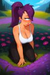  big_breasts crop_top futurama kneel leggings looking_at_viewer maxartison turanga_leela 