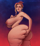 bare_shoulders barefoot biting_own_lip deep_skin dumptruck_ass earrings fat_ass final_fantasy final_fantasy_vii final_fantasy_vii_remake grabbing_ass huge_breasts ignantastro long_hair looking_at_viewer looking_back nail_polish nipples nude red_dress scarlet_(ffvii) signature stardustpapi