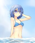  1girl 1girl aatsu alluring bikini blue_bikini blue_eyes blue_hair blue_sky catria_(fire_emblem) cleavage day female_focus fire_emblem fire_emblem:_mystery_of_the_emblem headband intelligent_systems medium_breasts naked_from_the_waist_down navel nintendo open_mouth outside short_hair silf sky swimsuit wading water white_headband 
