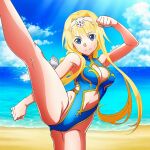  1girl alice_schuberg alluring bare_legs blonde_hair blue_eyes goldhopper kick kicking medium_breasts one-piece_bikini pin_up sword_art_online 