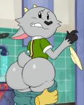  1boy arm_tuft ass big_ass big_butt butt clothed clothing filthyopossum flavio goat grey_fur head_tuft horns kitchen looking_at_viewer looking_back male male_only nickelodeon nicktoons object pants pants_down pants_pull pants_pulled_down plate pulling_down_pants random!_cartoons tail tuft 