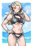  1girl 1girl alluring animal_ears artist_name bikini black_bikini blonde_hair border cleavage cleavage_cutout clothing_cutout commentary earrings english_commentary facial_mark flower hair_flower hair_ornament high_res jewelry long_hair looking_at_viewer medium_breasts navel neilnail_(xenoblade) ocean red_eyes rotomdocs swimsuit white_border xenoblade_(series) xenoblade_chronicles_x 