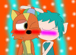  1boy 1girl aqua_hair background blush blush_lines blushing closed_eyes dress fairy female furry green_dress human kissing male mustelid musteline not_porn one_eye_closed orange_background orange_fur overalls pink_blush pointy_ears red_blush safe safe_for_work sfw simple_background siren_sara striped_background true_musteline weasel willy_weasel willys_wonderland wings 