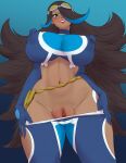  1girl big_breasts big_breasts blue-eyed_female blue_eyes blue_theme breasts dark-skinned_female dark_skin game_freak hourglass_figure huge_breast long_hair massive_breasts nintendo nipples no_bra no_panties pokemon pokemon_oras shelly_(pokemon) shelly_(pokemon_oras) simple_background snaart team_aqua thick_thighs thighs 