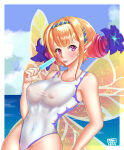 1girl :p alluring alternate_costume bare_arms bare_thighs covered_areola covered_navel covered_nipples eating fairy fairy_wings female_only fire_emblem fire_emblem_heroes food ice_cream intelligent_systems medium_breasts melting melting_popsicle multicolored_hair nail_polish nintendo ocean one-piece_bikini orange_hair outside peony_(fire_emblem) pink_eyes pointy_ears popsicle purple_nails see-through short_hair smile swimsuit thighs tongue tongue_out white_one-piece_swimsuit white_swimsuit wings zamtranger