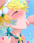  1boy 1girl after_fellatio beach blonde_and_teal_hair blue_background blush censored ciderwrath cum cum_in_mouth earrings fire_emblem fire_emblem_heroes fjorm_(fire_emblem) flower hair_ornament heart heart-shaped_pupils intelligent_systems jewelry necklace nintendo oral penis symbol-shaped_pupils teal_eyes 