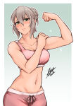  1girl 1girl absurd_res airisubaka arm_pump athletic_female bare_shoulders biceps blue_background blush braid cleavage commentary effie_(fire_emblem) eyes_visible_through_hair female_focus fire_emblem fire_emblem_fates fit_female flexing gradient_background green_eyes grey_hair hair_between_eyes hair_bun high_res intelligent_systems looking_at_viewer medium_breasts midriff navel nintendo signature single_hair_bun sports_bra standing stomach white_background 