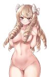 1girl alluring bangs big_breasts blonde_hair blush bow closed_mouth convenient_censoring drill_hair earring fire_emblem fire_emblem_awakening hairbow intelligent_systems kaorihero long_hair maribelle_(fire_emblem) navel nimji nintendo nude pussy simple_background smile standing third-party_edit uncensored white_background white_bow yellow_eyes