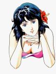 1girl alternate_costume bare_arms bare_shoulders big_breasts bikini blue_eyes blue_hair breasts cat's_eye cleavage dark_blue_hair female_only female_solo flower grin hair_flower hair_ornament hands_together head_tilt hibiscus hitomi_kisugi houjou_tsukasa houjou_tsukasa_(artist) kisugi_hitomi lips lipstick long_hair looking_at_viewer lying lying_on_stomach makeup nail_polish on_stomach parted_lips pink_bikini pink_swimsuit red_flower red_lipstick red_nails shiny shiny_hair simple_background smile straight_hair strapless strapless_bikini strapless_swimsuit swimsuit white_background