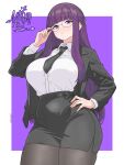 1girl adjusting_eyewear big_breasts black_jacket black_necktie black_pantyhose black_skirt breasts collared_shirt curvy drawlab33t dress_shirt fern fern_(sousou_no_frieren) frown glass jacket miniskirt neck_tie office_lady pantyhose pencil_skirt purple_eyes purple_hair shirt simple_background skirt sousou_no_frieren white_shirt