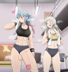  1futa 1girl abs absurd_res alluring athletic_female bare_shoulders big_breasts black_sports_bra blonde_hair blue_hair blush buruma buruma_aside cameltoe clothing_aside commission commissioner_upload drooling dumbbell female_abss fire_emblem fire_emblem_fates fit_female futanari futanari_with_female gluteal_fold gradient_hair green_eyes grey_eyes grin gym hair_between_eyes hair_ornament happy heart heart_in_eye heavy_breathing heterochromia high_res huge_penis indoors intelligent_systems long_hair luna_xd medium_breasts multicolored_hair navel nintendo open_mouth ophelia_(fire_emblem) penis penis_awe pink_hair precum precum_string red_eyes shorts smile soleil_(fire_emblem) sports_bra steam steaming_body sweat symbol_in_eye testicle toned toned_female towel towel_around_neck very_long_hair wristband 