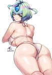  1girl 1girl ;) alluring ass back bare_shoulders bikini closed_mouth commentary english_commentary fire_emblem fire_emblem_heroes gradient_hair green_hair grey_hair high_res intelligent_systems looking_at_viewer looking_back multicolored_hair nintendo one_eye_closed purple_hair rotomdocs seidr_(fire_emblem) short_hair smile swimsuit twitter_username white_background white_bikini yellow_eyes 