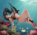 1girl absurd_res air_bubble alluring big_breasts brown_eyes brown_hair bubble cleavage commission coral female fire_emblem fire_emblem_fates fish hair_over_one_eye hair_ribbon harpoon harpoon_gun high_res intelligent_systems kagero_(fire_emblem) leg_ribbon long_hair navel nintendo ponytail red_ribbon ribbon scuba_gear second-party_source solo stomach thigh_ribbon thighs turtle underwater white_ribbon