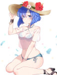  1girl 1girl alluring bikini blue_bikini blue_eyes blue_feathers blue_hair blush catria_(fire_emblem) cleavage commentary_request feathers female_focus fire_emblem fire_emblem:_mystery_of_the_emblem fire_emblem_heroes flower haru_(nakajou-28) hat hat_flower headband high_heel_sandals high_heels high_res intelligent_systems looking_at_viewer medium_breasts nintendo pegasus_knight_uniform_(fire_emblem) sandals see-through_clothes shirt short_hair side-tie_bikini_bottom silf sitting sparkle sun_hat swimsuit wariza white_background white_shirt 