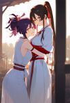  2_girls alternate_costume big_breasts blush breasts brown_eyes brown_hair collarbone couple dark_brown_hair duo female/female female_only grin high_ponytail japanese_clothes jigokuraku long_hair looking_at_viewer love medium_breasts multiple_girls mutual_yuri neck ninja ninja_girl parted_lips ponytail purple_hair red_eyes romantic romantic_couple sagiri_(jigokuraku) samurai samurai_female samurai_girl short_hair smile standing tied_hair yamada_asaemon_sagiri yuri yuzuriha_(jigokuraku) 