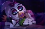 1boy 1girl 1girls 3d accurate_art_style animatronic anthro beak blue_eyes five_nights_at_freddy's five_nights_at_freddy's:_security_breach glamrock_chica_(ashleyorange) glamrock_chica_(fnaf) handjob male masturbation mrcourage616 on_model penis precum purple_lipstick ribbon ribbon_in_hair straight