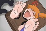 1girl 2023 alternate_version_at_paywall closed_eyes feather feet foot_fetish foot_focus gnilkcitxd helpless helpless_female human misty misty_(pokemon) nintendo patreon_reward pokemon pokemon_(anime) redhead tickle_torture tickling tickling_feet