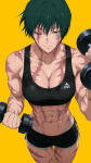  ai_generated athletic_female bare_thighs big_breasts green_hair huge_breasts huge_thighs jujutsu_kaisen light-skinned_female light_skin massive_breasts muscular_female scar_on_face short_hair solo_female sports_shorts squatting sweat sweatdrop tank_top thick_body thick_female thick_thighs thighs voluptuous voluptuous_female waifus_diffusion yellow_eyes zenin_maki 