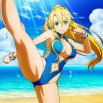  1girl alluring bare_legs blonde_hair goldhopper green_eyes kick kicking leafa medium_breasts one-piece_bikini pin_up sword_art_online 