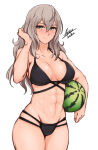  1girl 1girl 1girls abs airisubaka alluring alternate_hairstyle artist_name athletic_female bare_shoulders bikini black_bikini blush cleavage collarbone cowboy_shot effie_(fire_emblem) eyebrows_visible_through_hair eyes_visible_through_hair female_abs female_only fire_emblem fire_emblem_fates fit_female food fruit green_eyes grey_hair hair_between_eyes high_res holding human human_only intelligent_systems long_hair looking_at_viewer medium_breasts midriff navel nintendo signature simple_background sleeveless smile standing swimsuit toned watermark watermelon white_background 