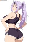 ai_generated athletic_female back_view backboob bare_thighs big_ass big_ass breasts_bigger_than_head dolphin_shorts fat_ass gigantic_ass gigantic_breasts grin horn huge_breasts huge_thighs light-skinned_female light_skin looking_back massive_ass massive_breasts oni oni_female oni_horns ponytail purple_eyes purple_hair sawahebi shion_(tensei_shitara_slime_datta_ken) solo_female squatting sweat sweatdrop tank_top tensei_shitara_slime_datta_ken thick_body thick_female thick_thighs thighs voluptuous voluptuous_female