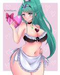  1girl alluring apron between_breasts big_breasts bikini black_bow black_bra blush bow bow_bra box box_of_chocolates bra candy chocolate chocolate_heart choker cleavage collarbone core_crystal_(xenoblade) food_between_breasts frilled_bra frills green_eyes green_hair hand_on_own_hip headpiece heart heart_background high_ponytail holding horns long_hair looking_at_viewer maid maid_apron maid_bikini navel nintendo pink_background pneuma_(xenoblade) ponytail sidelocks single_horn smile standing sugarbell thick_thighs thighs unconventional_maid underwear valentine valentine_chocolate white_apron wide_hips xenoblade_(series) xenoblade_chronicles_2 