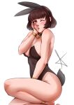 1girl absurd_res alluring animal_ear_hairband animal_ears anklet atlus bell between_legs black_choker black_leotard bracelet brown_hair choker commentary covered_navel english_commentary fake_animal_ears fake_tail from_side hairband hand_between_legs high_res jewelry jingle_bell leotard looking_at_viewer makoto_niijima one_eye_closed persona persona_5 persona_5_the_royal playboy_bunny rabbit_ear_hairband rabbit_ears rabbit_tail red_draws red_draws5 sega short_hair silf simple_background tail thighs white_background