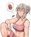  1girl abs airisubaka alluring boned_meat cleavage closed_eyes dreaming effie_(fire_emblem) female_abs fire_emblem fire_emblem_fates fit_female food grey_hair hair_bun high_res intelligent_systems meat midriff nintendo signature simple_background single_hair_bun sports_bra thinking white_background wrist_wrap 