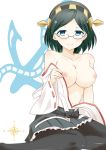 1girl anchor black_hair black_legwear blue_eyes breasts detached_sleeves fukemachi glasses hairband japanese_clothes kantai_collection kirishima_(kantai_collection) nipples open_clothes open_shirt pantyhose personification shirt short_hair sitting skirt smile wariza