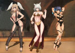 1girl 3_girls alluring amenoosa belly_dancer belly_dancer_outfit big_breasts black_hair blonde_hair blue_hair breasts cat_ears cat_girl catgirl core_crystal cosplay crossover_cosplay dancer dancer_outfit eunie_(xenoblade) fishnets harem harem_girl harem_outfit loincloth long_hair mio_(xenoblade) multicolored_hair s sena_(xenoblade) silver_hair skimpy wing_ears xenoblade_(series) xenoblade_chronicles_3