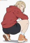 ai_generated akane_sawatari back_view bare_thighs bike_shorts blonde_hair chainsaw_man huge_thighs light-skinned_female light_skin looking_back red_eyes sawahebi short_hair solo_female squatting sweat sweatdrop thick_body thick_female thick_thighs thighs voluptuous voluptuous_female