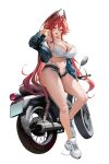 1girl :d absurd_res bandaid bandaid_on_face bandaid_on_nose bare_shoulders blush breasts camisole cleavage commentary english_commentary full_body goddess_of_victory:_nikke hair_between_eyes hand_up hido_(cherryhido) high_res highleg highleg_panties horns huge_breasts jacket long_hair long_sleeves looking_at_viewer micro_shorts motor_vehicle motorcycle navel official_alternate_costume open_clothes open_fly open_jacket open_mouth open_shorts panties ponytail red_hair red_hood_(nikke) shoes shorts side-tie_panties simple_background smile standing stomach teeth thighs underwear upper_teeth_only white_background white_camisole white_panties white_shoes yellow_eyes