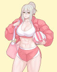  1girl abs alluring alternate_costume artist_name athletic_female bag ball cowboy_shot duffel_bag effie_(fire_emblem) female_abs fire_emblem fire_emblem_fates fit_female green_eyes grey_hair hair_bun holding holding_ball intelligent_systems jacket meziosaur navel nintendo pink_jacket pink_shorts shorts sidelocks sports_bra two-tone_shorts volleyball_(object) white_shorts 