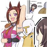  1boy 2_girls animal_ears armpit_fetish armpits arms_up bakushin_o_armpit_gif_(meme) blush brown_hair caught embarrassed horse_ears johnholl0w kemonomimi male meme presenting_armpit sakura_bakushin_o_(umamusume) sweat sweaty trainer_(umamusume) umamusume umamusume_pretty_derby 