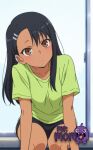1girl asymmetrical_bangs black_hair black_shorts blush brown_eyes closed_mouth clothing collarbone copyright_name dark-skinned_female dark_skin dolphin_shorts earclip expressionless green_shirt hair_ornament hairclip ijiranaide_nagatoro-san indoors leaning_forward long_hair looking_at_viewer nagatoro_hayase shirt short_shorts short_sleeves shorts sitting t-shirt window