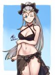  1girl alluring arm_under_breasts bikini bikini_skirt black_bikini blue_eyes bow cleavage commission commissioner_upload eir_(fire_emblem) eir_(summer)_(fire_emblem) fire_emblem fire_emblem_heroes gold_tiara hair_bow high_res intelligent_systems long_hair medium_breasts navel nintendo one_eye_closed ponytail rotomdocs see-through_clothes see-through_skirt sidelocks skirt smile swimsuit tiara white_hair 