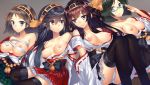  4girls bare_shoulders big_breasts black_hair blue_eyes blush boots breasts breasts_outside brown_hair detached_sleeves glasses hairband haruna_(kantai_collection) hiei_(kantai_collection) hullabaloo japanese_clothes kantai_collection kirishima_(kantai_collection) kongou_(kantai_collection) light_smile long_hair looking_at_viewer multiple_girls nipples no_legwear nontraditional_miko off_shoulder panties purple_eyes ribbon-trimmed_sleeves ribbon_trim sarashi short_hair skirt smile stockings thigh_high_boots underwear white_panties zettai_ryouiki 