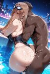 1boy1girl 1girl ai_generated competition_swimsuit cum curvy curvy_female curvy_figure dark-skinned_male dark_skin doggy_position goddess_of_victory:_nikke long_hair night nude one-piece_swimsuit pool rapi_(nikke) sex sex_from_behind swimsuit