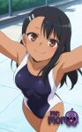 1girl 1girl 1girl armpits arms_up asymmetrical_bangs black_hair blue_one-piece_swimsuit blush breasts brown_eyes bush closed_mouth clothing collarbone competition_swimsuit covered_navel cowboy_shot dark-skinned_female dark_skin day earclip from_above hair_ornament hairclip highleg_swimsuit ijiranaide_nagatoro-san incoming_hug long_hair looking_at_viewer medium_breasts multicolored_clothes multicolored_swimsuit nagatoro_hayase one-piece_swimsuit outside outstretched_arms pool small_breasts smile standing swimsuit tan tank_suit tile_floor tiles two-tone_swimsuit