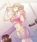  1girl abs alluring ana_rui athletic_female commission drinking effie_(fire_emblem) female_abs fire_emblem fit_female grey_hair hair_bun high_res intelligent_systems midriff navel nintendo over_shoulder shorts signature single_hair_bun sports_bra sweat towel water weights 