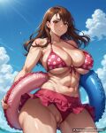  1girl 1girl 1girl abs ass_visible_through_thighs bare_shoulders beach big_breasts bikini bikini_bottom_aside bikini_skirt blue_sky blush breasts brown_eyes brown_hair cleavage cleft_of_venus clenched_teeth clothing clothing_aside cloud collarbone curvy day earrings fat_mons floral_print front-tie_bikini_top front-tie_top holding holding_swim_ring huge_breasts innertube long_hair looking_at_viewer muscular muscular_female navel ocean outside parted_lips patreon_username pink_bikini print_bikini pussy red_bikini skirt sky standing stomach sunlight sweat swim_ring swimsuit teeth thick_thighs thighs toned under_boob waifuai_studio water wedgie wet 