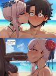  1girl 2boys ai_generated balls balls_fondling beach big_penis blue_lipstick blush cheating cuck cuckold dark-skinned_male dark_skin english_text eyeshadow fate/grand_order fate_(series) fellatio fujimaru_ritsuka_(male) generic_dark-skinned-muscular_male gudao interracial kiss_mark kissing kissing_cheek lipstick lipstick_mark lipstick_on_balls lipstick_on_penis lipstick_ring male miyamoto_musashi_(fate) miyamoto_musashi_(swimsuit_berserker) netorare ntr oral penis rengchan smile sweat swimsuit text tongue tongue_out tongue_out_blowjob 